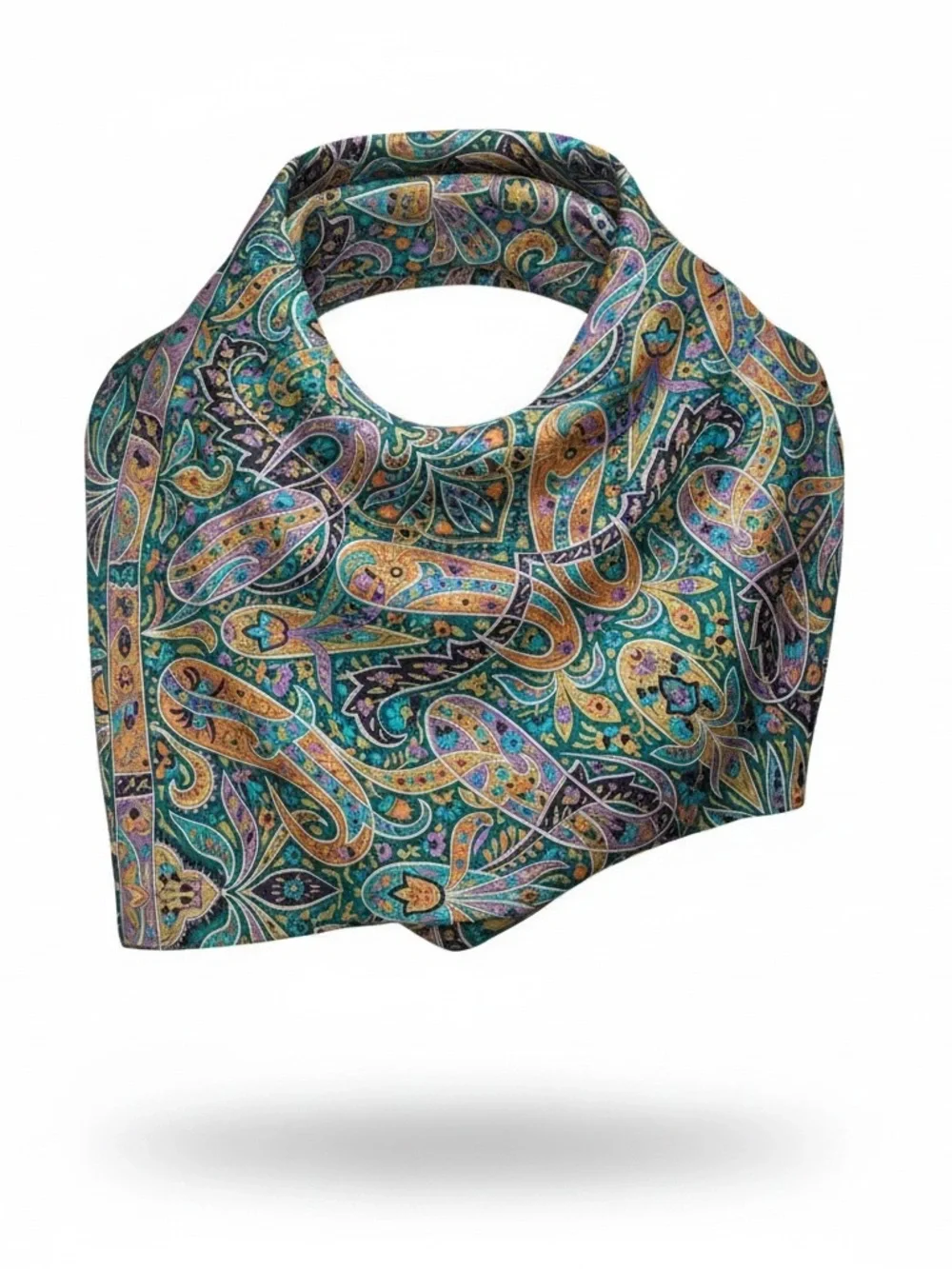 Silk Paisley Printed Scarf in Teal and‎ Gold - Women's Accessory 42x41